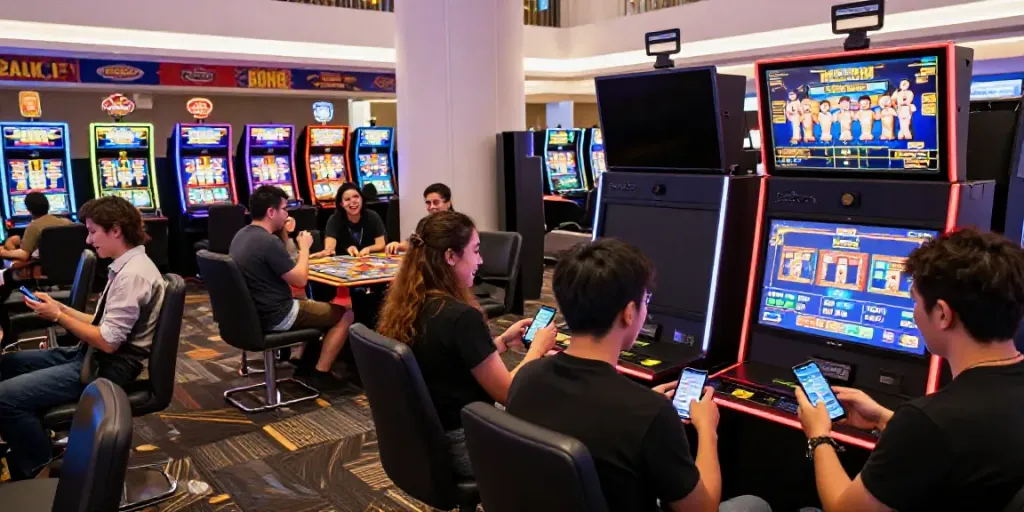 Exciting gaming moment at kayu77 online casino with friends enjoying slot machines in vibrant atmosphere.