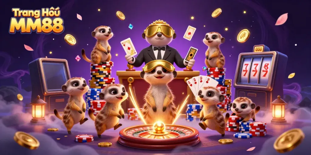 Engage with the vibrant world of Trang Chủ MM88 featuring energetic meerkats in a dynamic casino scene.