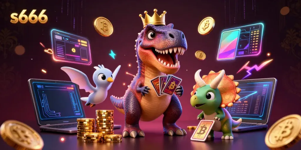 Experience the immersive world of s666 casino with a friendly dinosaur-themed illustration showcasing exciting games.