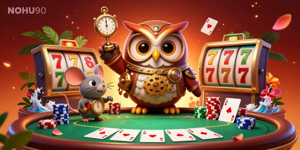 Create engaging gameplay with NOHU90's dynamic casino scene featuring vibrant slot reels and joyful characters.