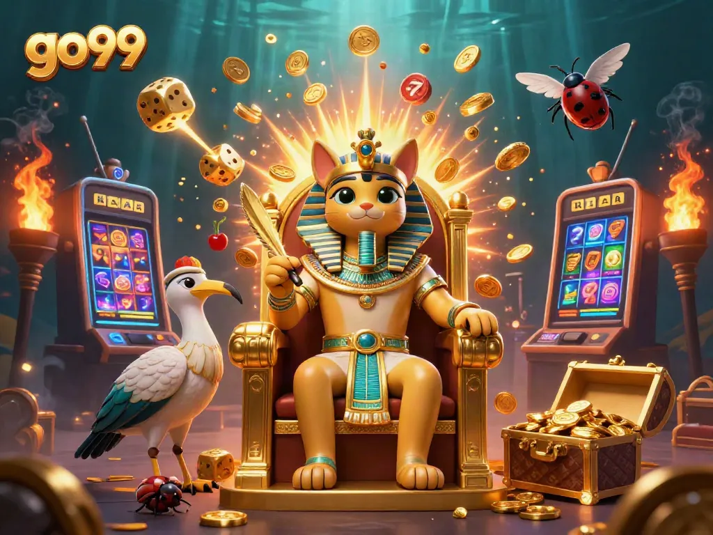Experience jackpot excitement with go99 at an extravagant casino scene featuring an Egyptian pharaoh cat.