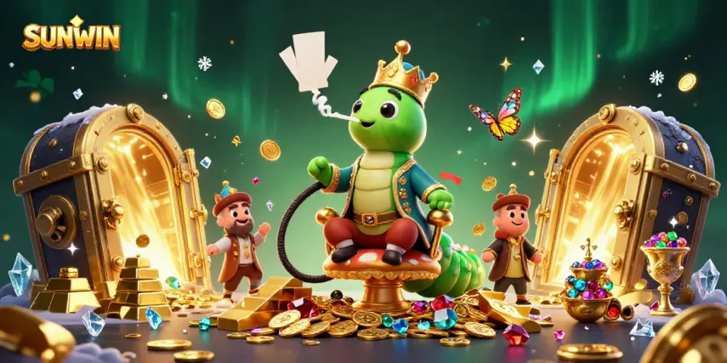 SUNWIN captures excitement with a vibrant casino-themed illustration featuring a whimsical caterpillar and treasures.