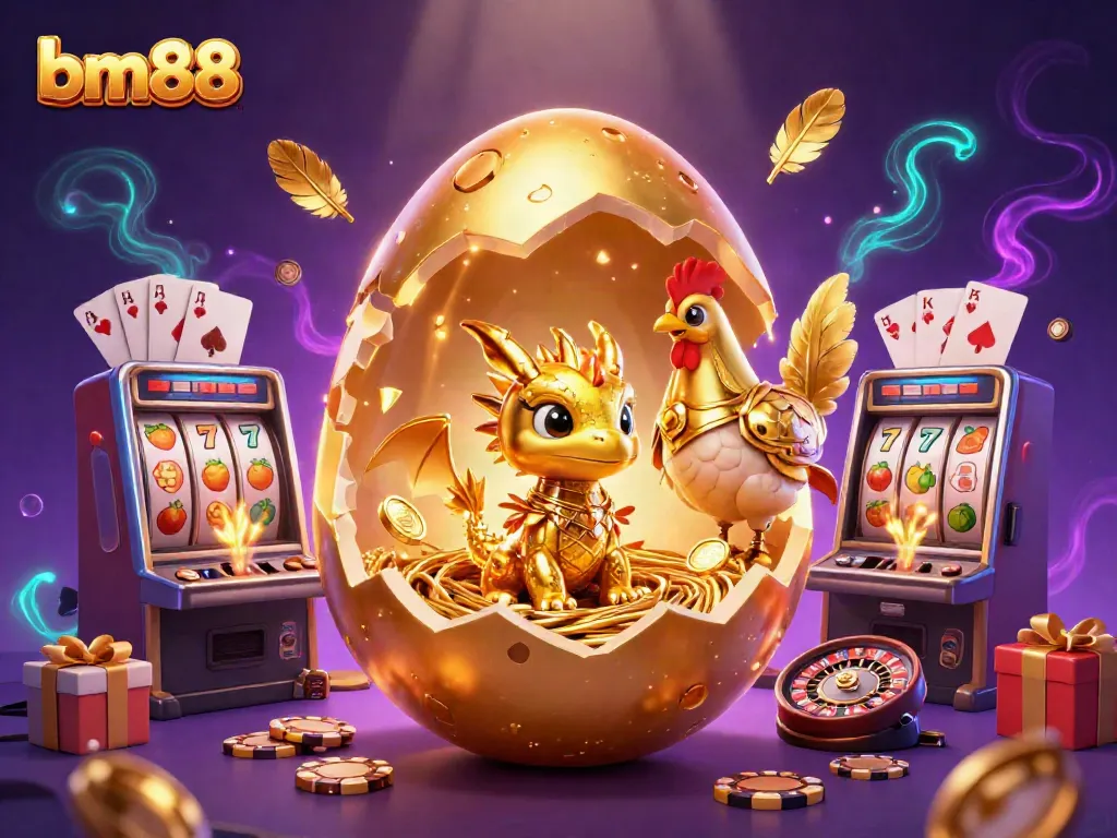 Spin to win with BM88's vibrant casino scene featuring golden dragon and poker chips.