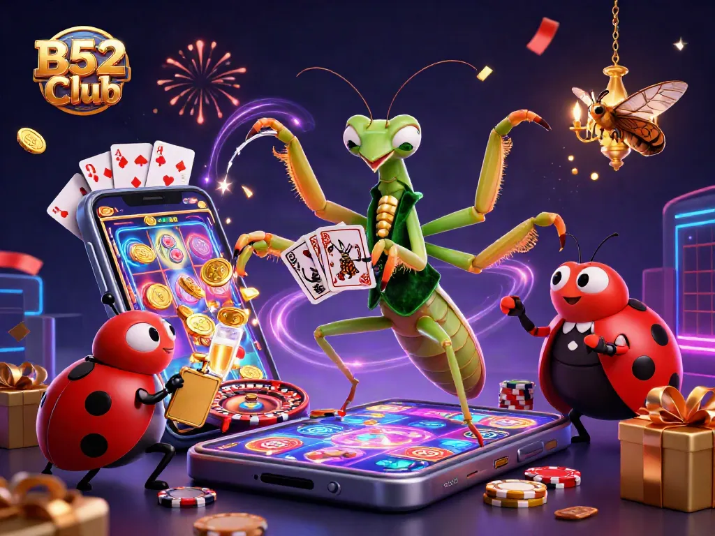 B52Club offers thrilling slot adventures with a giant praying mantis dealer and vibrant gaming elements.