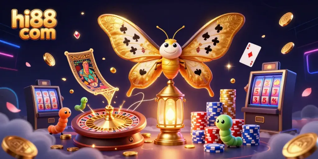 Engage with hi88 com's vibrant casino world featuring a majestic atlas moth and dazzling gaming elements.