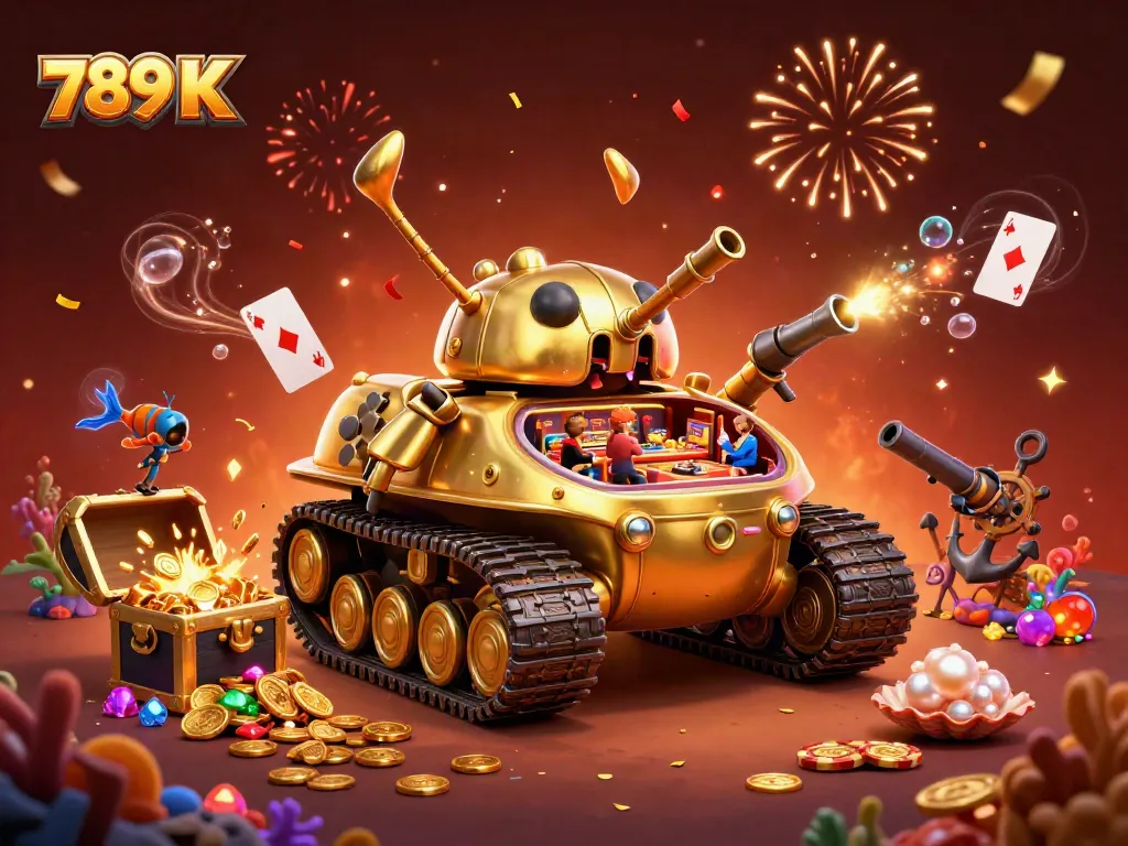 Win big at 789 K with a dynamic scene of a golden beetle casino tank amidst a treasure explosion.