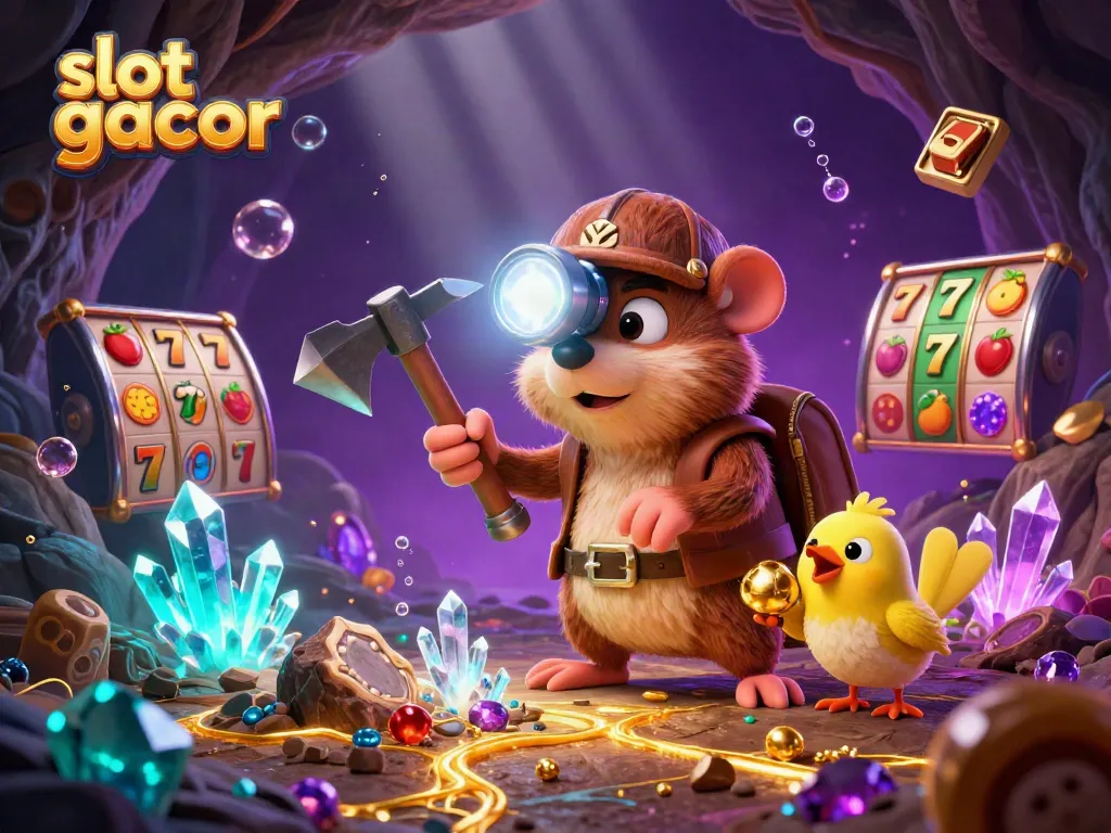 Engage with slot gacor mechanics in a vibrant 3D illustration filled with treasure and game elements.
