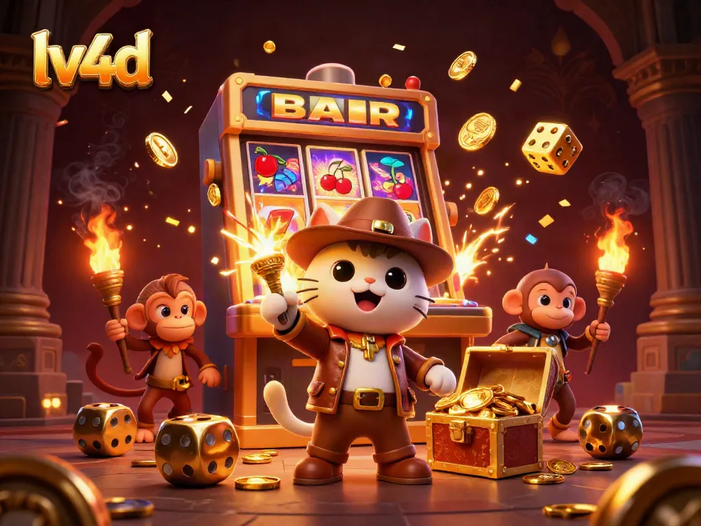 Experience the exciting lv4d casino adventure with a cartoon archaeologist cat discovering golden artifacts.