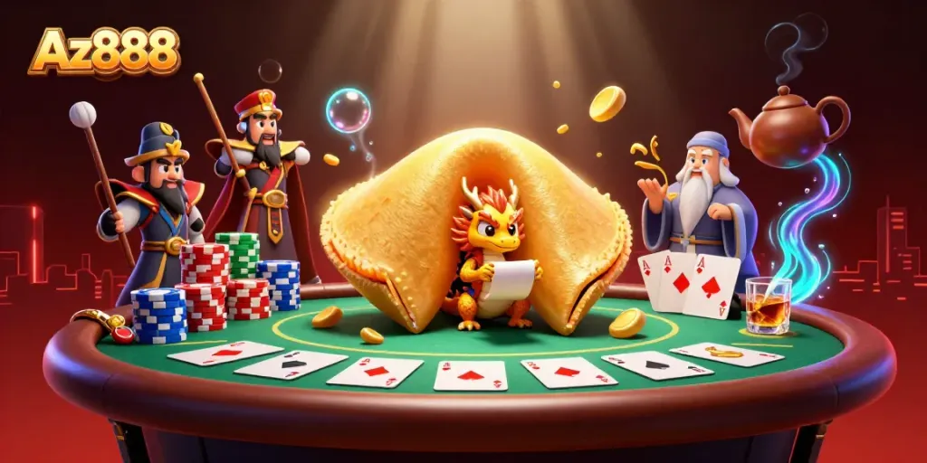 Az888 showcases an exciting poker scene with a golden fortune cookie, a wise dragon, and vibrant casino elements.