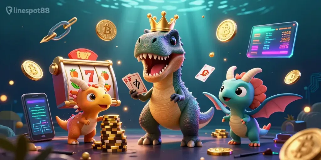Engaging scene with lineslot88's T-Rex playing cards, pterodactyl assisting, and triceratops stacking chips.