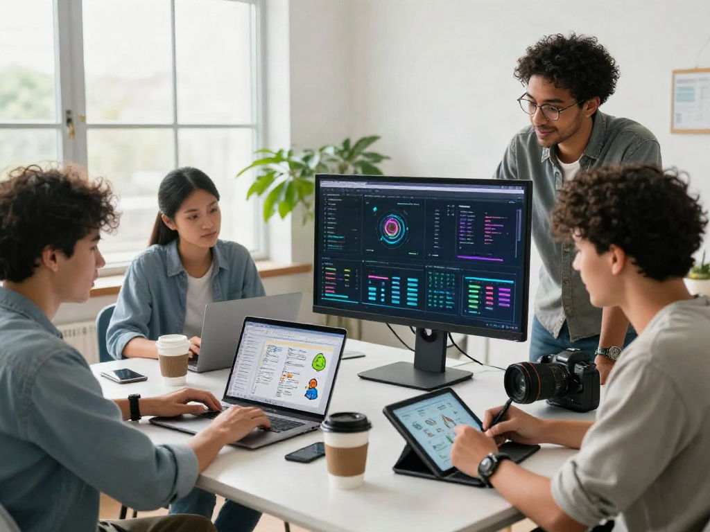 AI chat nsfw developers collaborating in a vibrant tech workspace with coding, design tools, and creative elements.