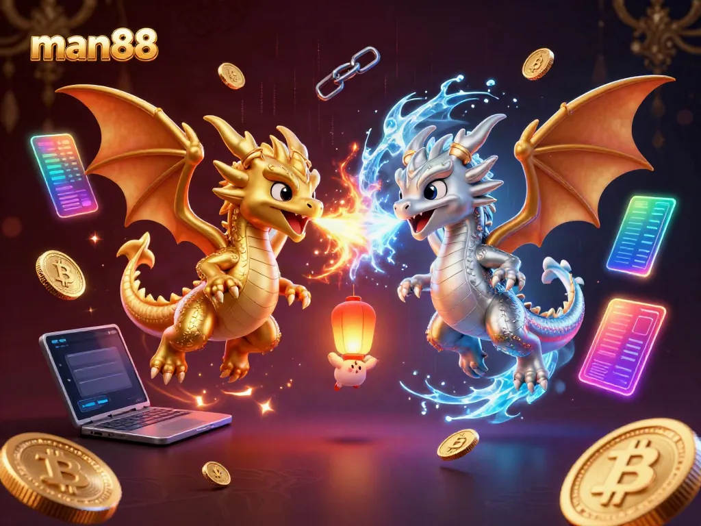 Experience man88's thrilling gaming world with dynamic dragons and crypto elements.