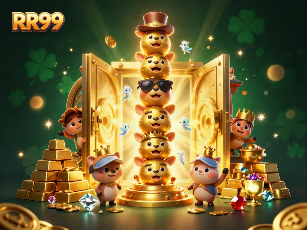 Engage with RR99's thrilling casino world, featuring dynamic cartoon totem pole and dazzling treasures.