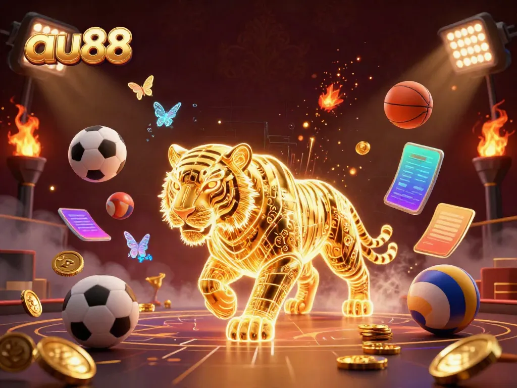 Experience the dynamic energy of au88 with a vibrant 3D casino scene featuring a golden wireframe tiger.