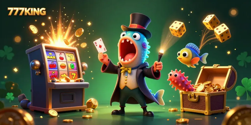 Experience the magic of 777KING with a vibrant scene of whimsical characters performing card tricks in a casino-themed illustration.