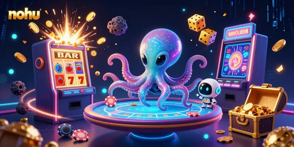 Play nohu with an alien octopus at a vibrant digital casino table overflowing with jackpot coins.