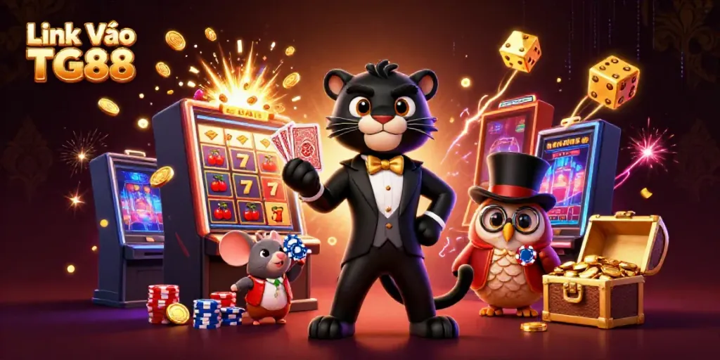 Experience thrilling gameplay at Link Vào TG88 with a stylish cartoon scene featuring a card-dealing panther, owl, and mouse.