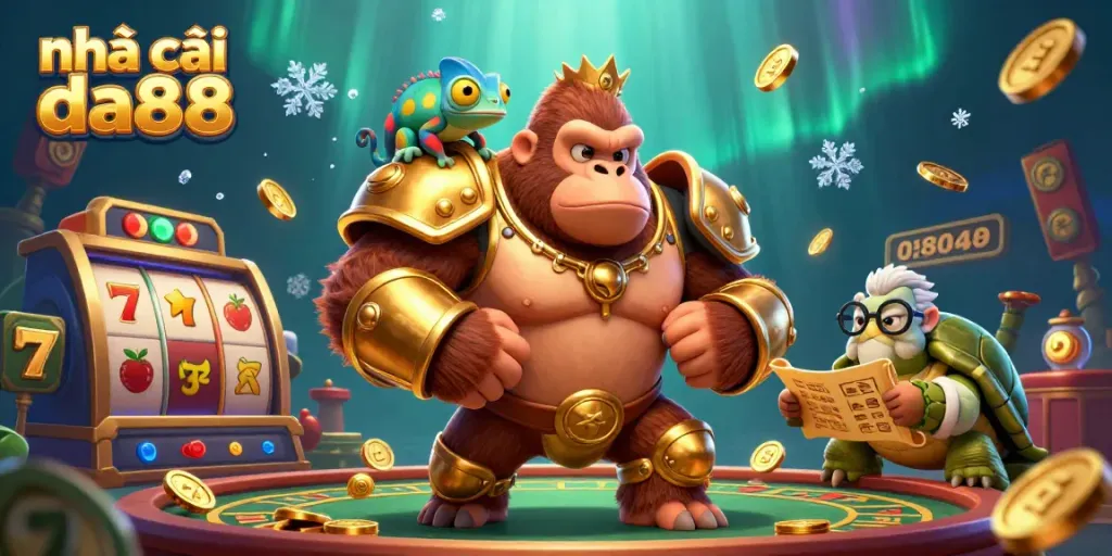 Engage with the thrilling world of nhà cái da88 featuring a powerful gorilla king and vibrant casino elements.