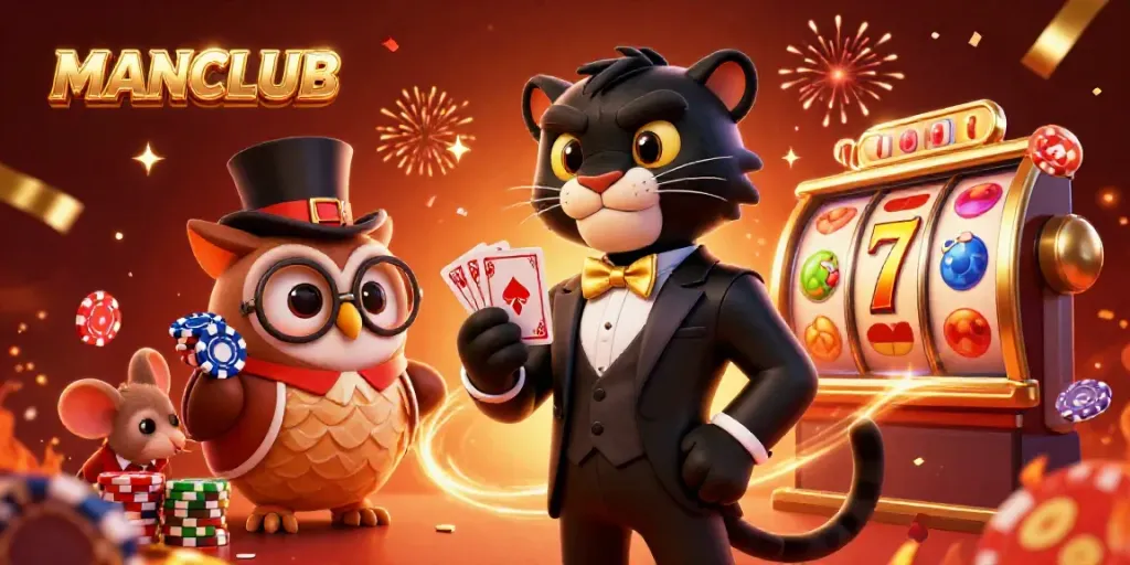 Engage with MANCLUB casino excitement through stylish characters, vibrant slot game elements, and festive energy.