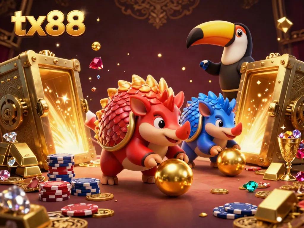Experience thrilling gameplay at tx88 with rival pangolins in a vibrant casino scene filled with treasure.