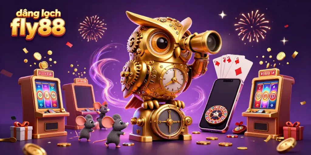 Experience the excitement of đăng nhập fly88 with this vibrant casino scene featuring a clockwork owl and gaming elements.