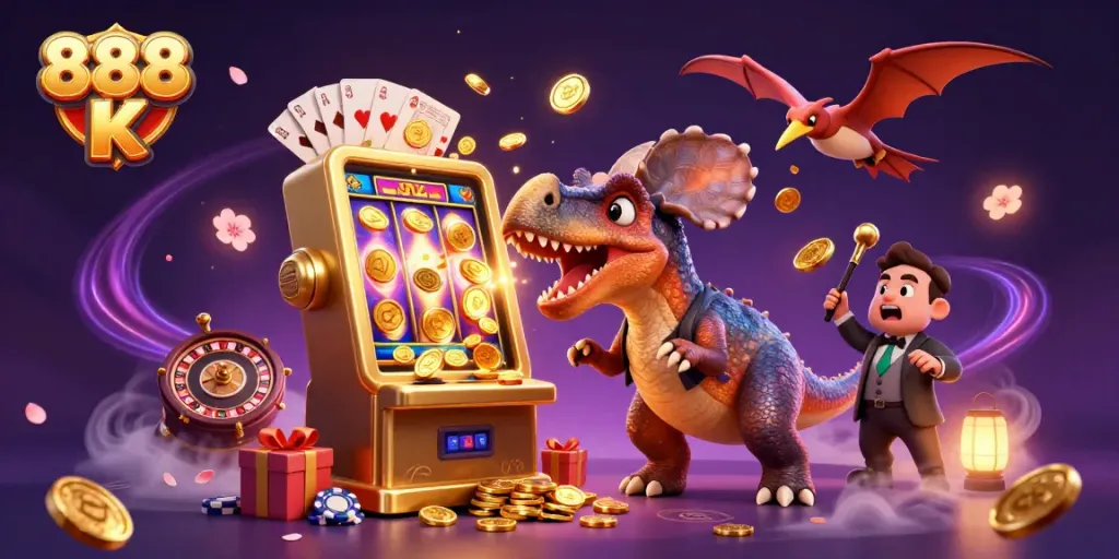 Experience thrilling moments at 888 K as a pachycephalosaurus headbutts a jackpot slot machine!