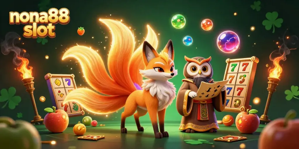 Win big with nona88 slot featuring a colorful fox spirit, lucky symbols, and dynamic gaming action.