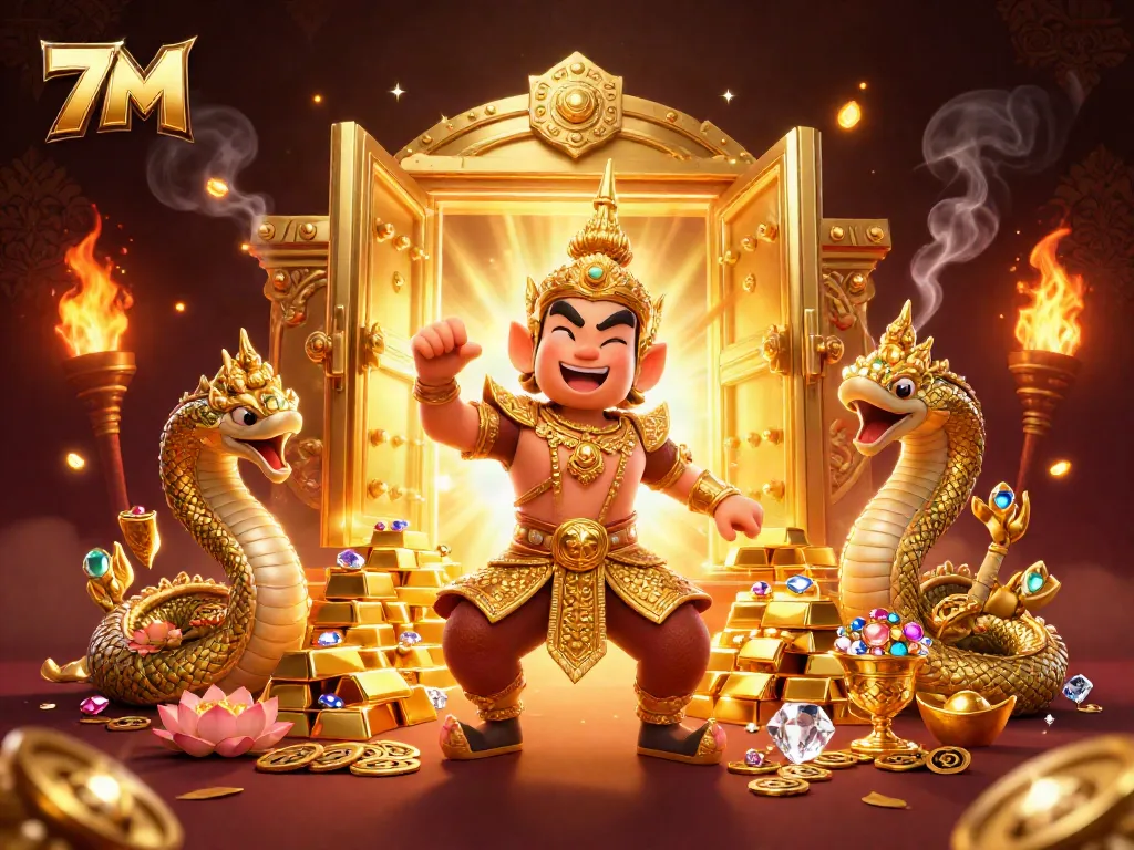 Engage with thrilling betting experiences at 7M, showcasing a vibrant scene of treasures and temple guardians.