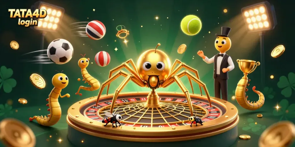 Engage in TATA4D login thrill with a vibrant scene featuring a golden spider and sports elements.
