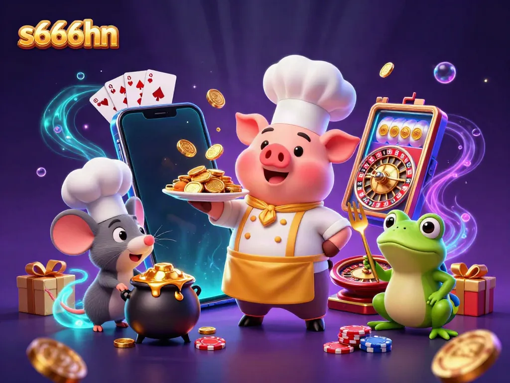 Engage with winning strategies at s666hn, featuring a cartoon chef pig, gold coins, and vibrant slot games.