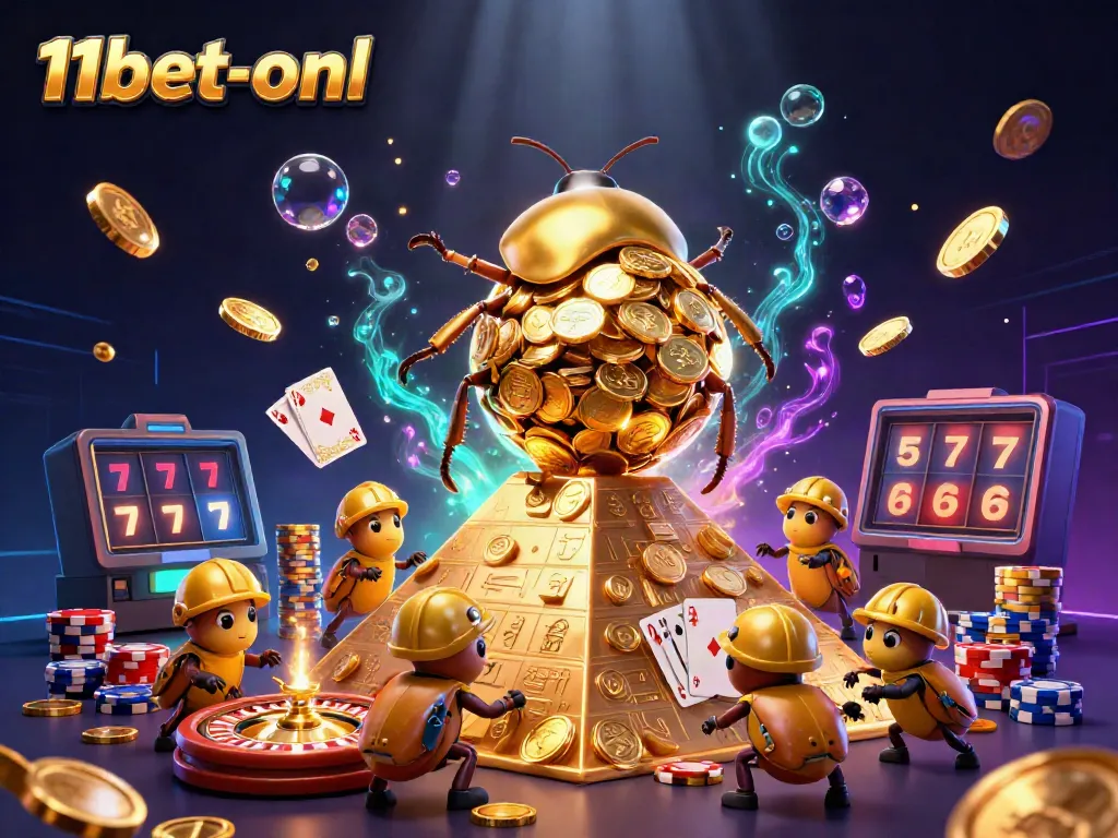 Engage with vibrant casino fun in an illustration featuring 11bet-onl's enchanting beetles rolling golden coins.