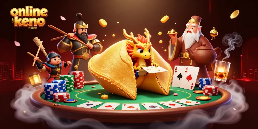 Play online keno malaysia with a giant fortune cookie and mystical characters in a vibrant scene.