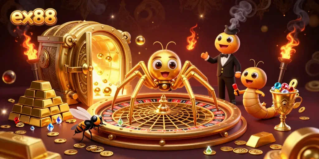 Spin to win with ex88 as the golden spider and centipede croupier create a vibrant gambling scene.