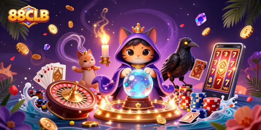 Spin your luck with 88CLB's vibrant casino illustration showcasing thrilling games and mystical energy.