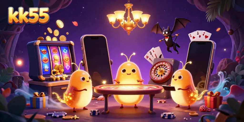 Experience exciting gaming at kk55 with glowing worm characters in a vibrant 3D casino illustration.