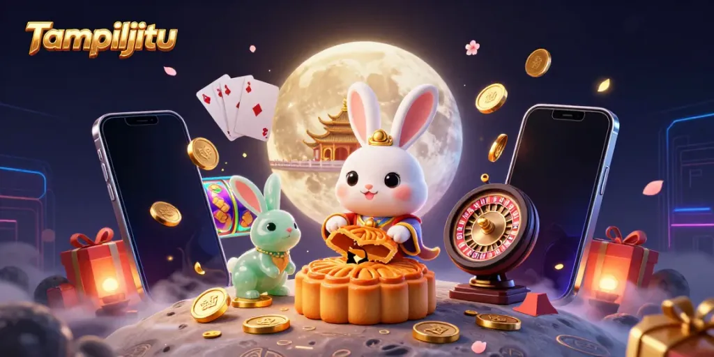 Tampiljitu showcases a playful moon rabbit, revealing poker chips amidst vibrant casino elements