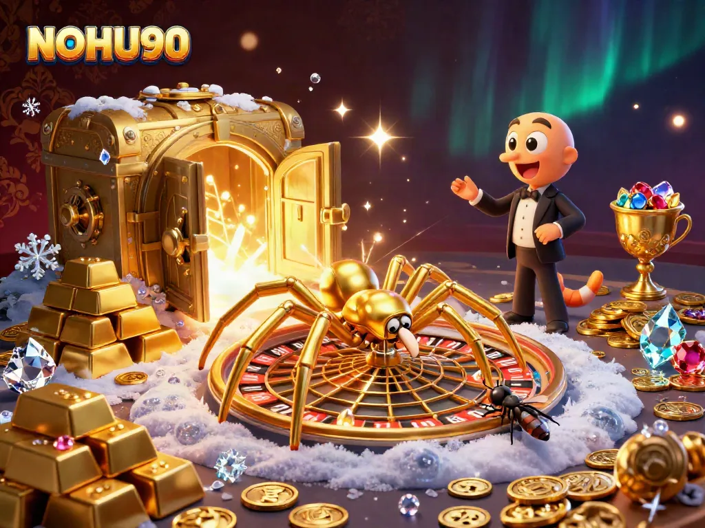 Experience the thrill of NOHU90 with an exciting 3D scene of casino elements and animated characters.