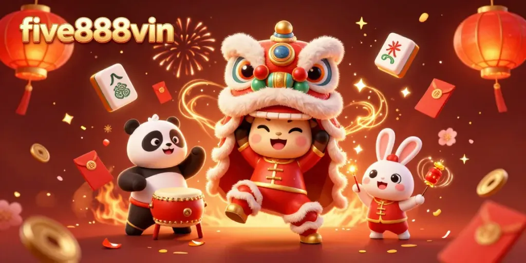 Experience festive gambling at five888vin with the energetic lion dance and vibrant decorations.