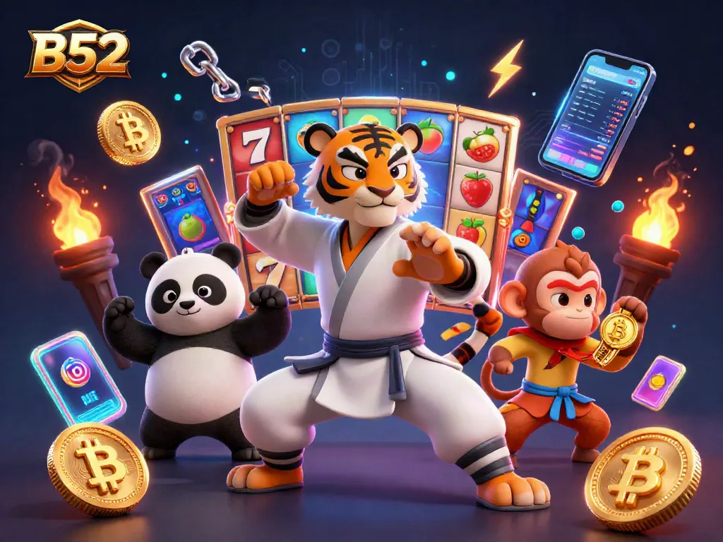 Engage with the thrilling elements of B52, showcasing a playful scene of colorful slot gaming with cartoon characters.