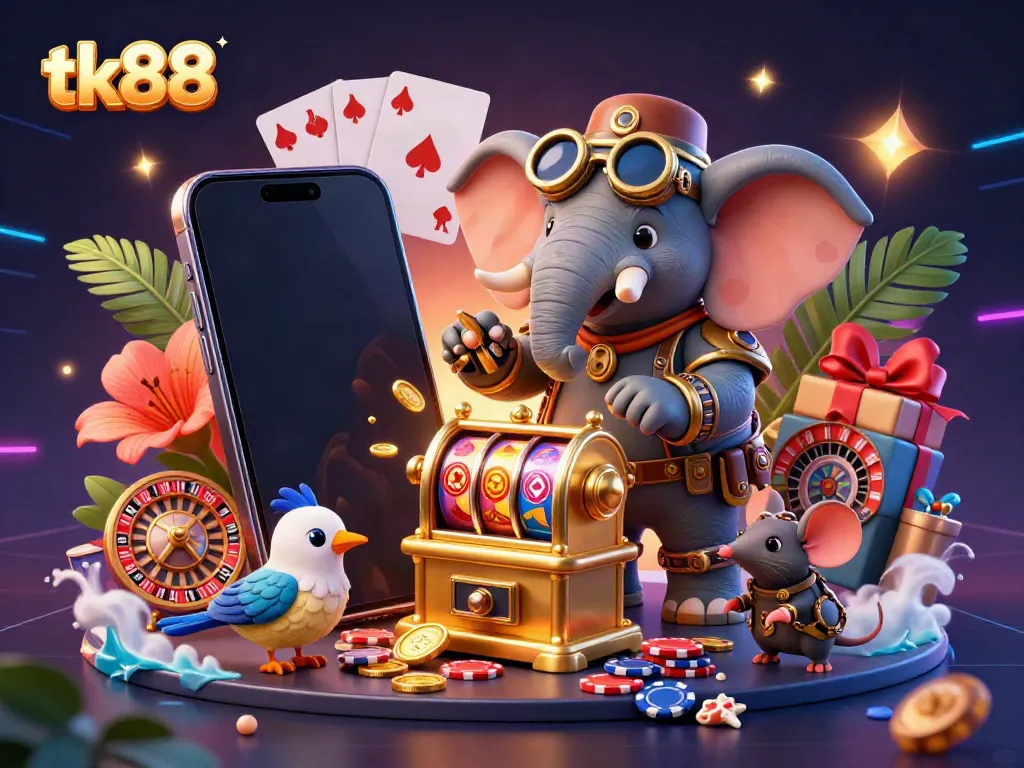 Engage with tk88's vibrant slot gaming world featuring a steampunk elephant and dynamic elements.