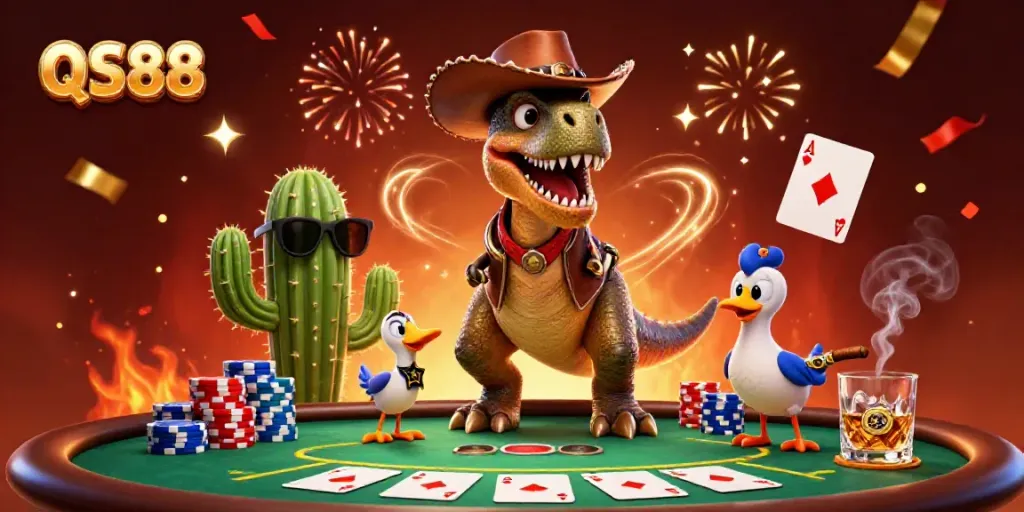 Hit the jackpot with QS88 in this fun 3D casino scene featuring a dinosaur playing poker.