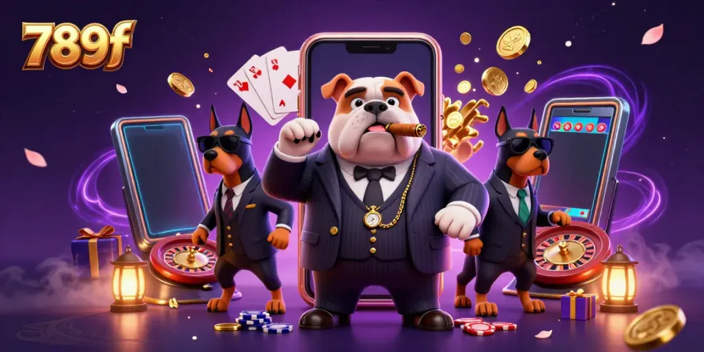 Engaging 3D illustration showing 789f's cartoon mafia bulldog and Doberman bodyguards amidst visual casino elements.