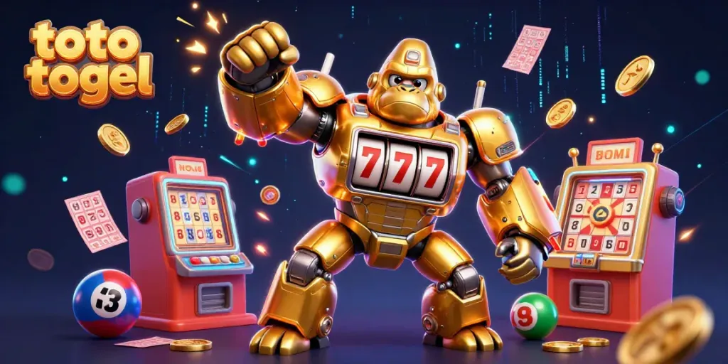 Gorilla emas berseni 3D yang menunjukkan permainan toto togel dengan fitur interaktif dan lotere yang meriah.