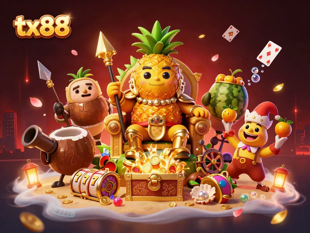 Engage with tx88 casino magic, featuring vibrant characters and slot reels in an enchanting beach scene.