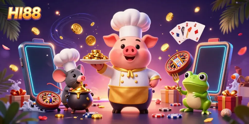 Experience thrills with HI88's vibrant gaming atmosphere featuring cartoon characters, gold coins, and dynamic games.