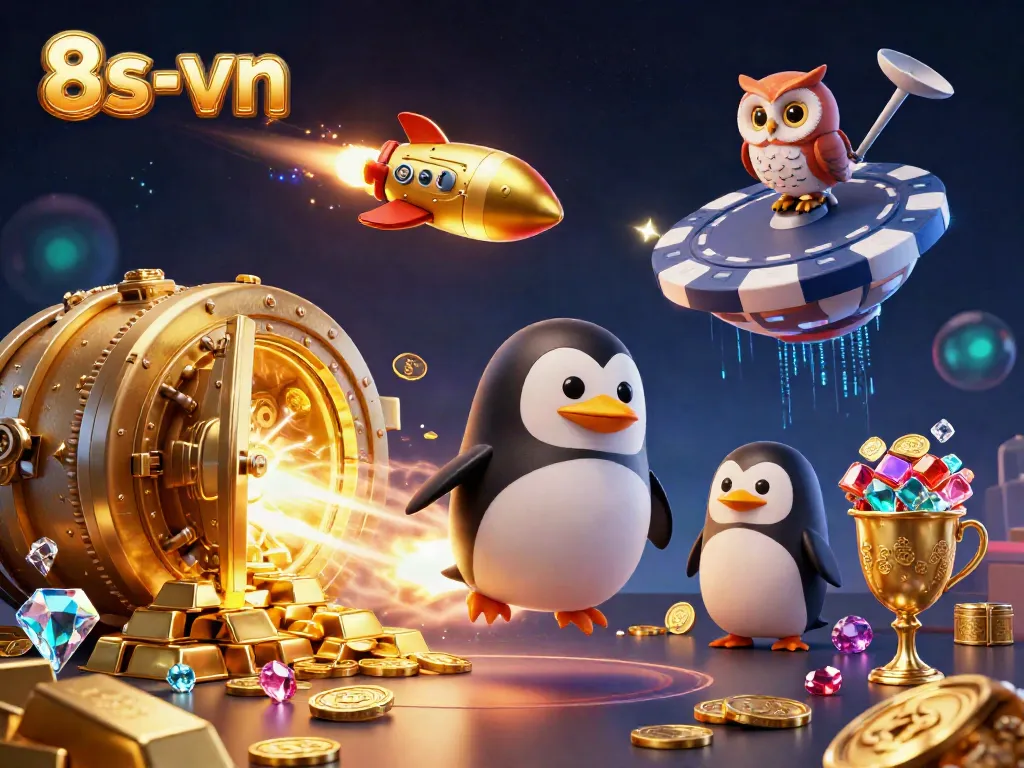 Win big with 8s-vn in this vibrant casino scene featuring a golden penguin and treasure.