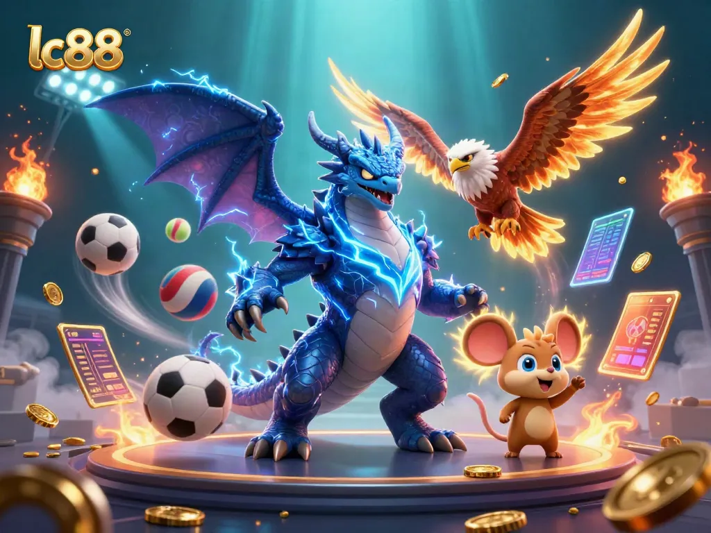 Experience the thrilling lc88 action as dynamic gaming elements come alive with a thunder dragon and glowing characters.