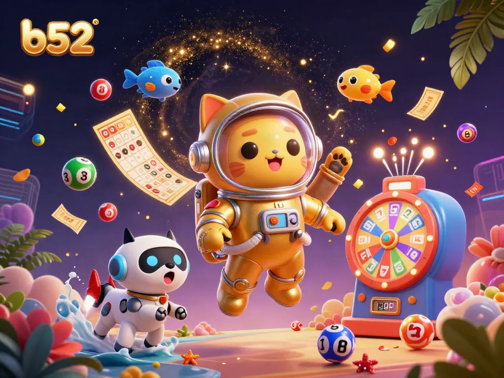 Engage in exciting b52 gameplay with a dynamic 3D illustration of space characters and casino elements.