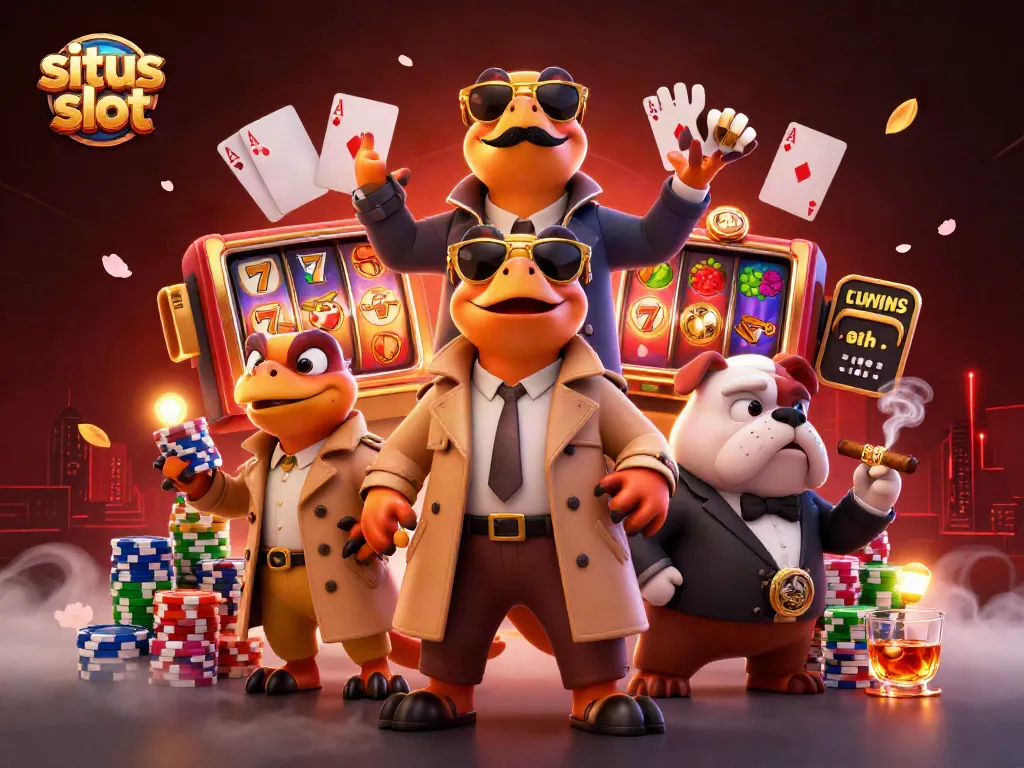 Experience the excitement of situs slot with three raptors disguised for VIP entry at a casino lounge.