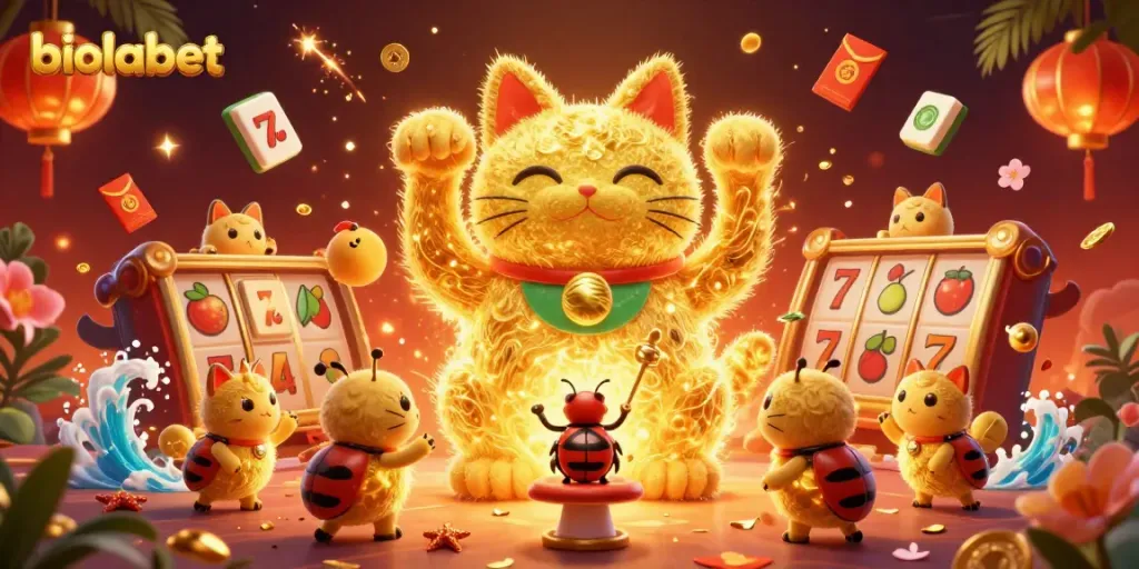 Engage with biolabet's lively casino theme through a dazzling lucky cat illustration enriched with vibrant gaming symbols.